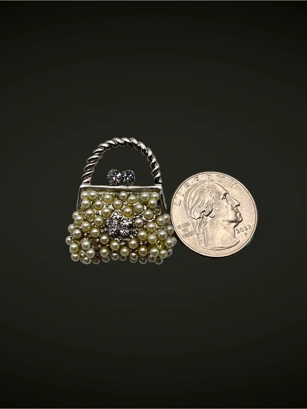 Dazzling Vintage Pearl and Rhinestone Purse Brooch Dainty Petite Estate Pc